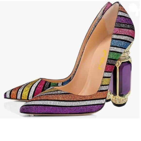 FSJ Multicolored Pointed Toe Chunky Block High Heel Crystal Pumps Shoes - Picture 1 of 8